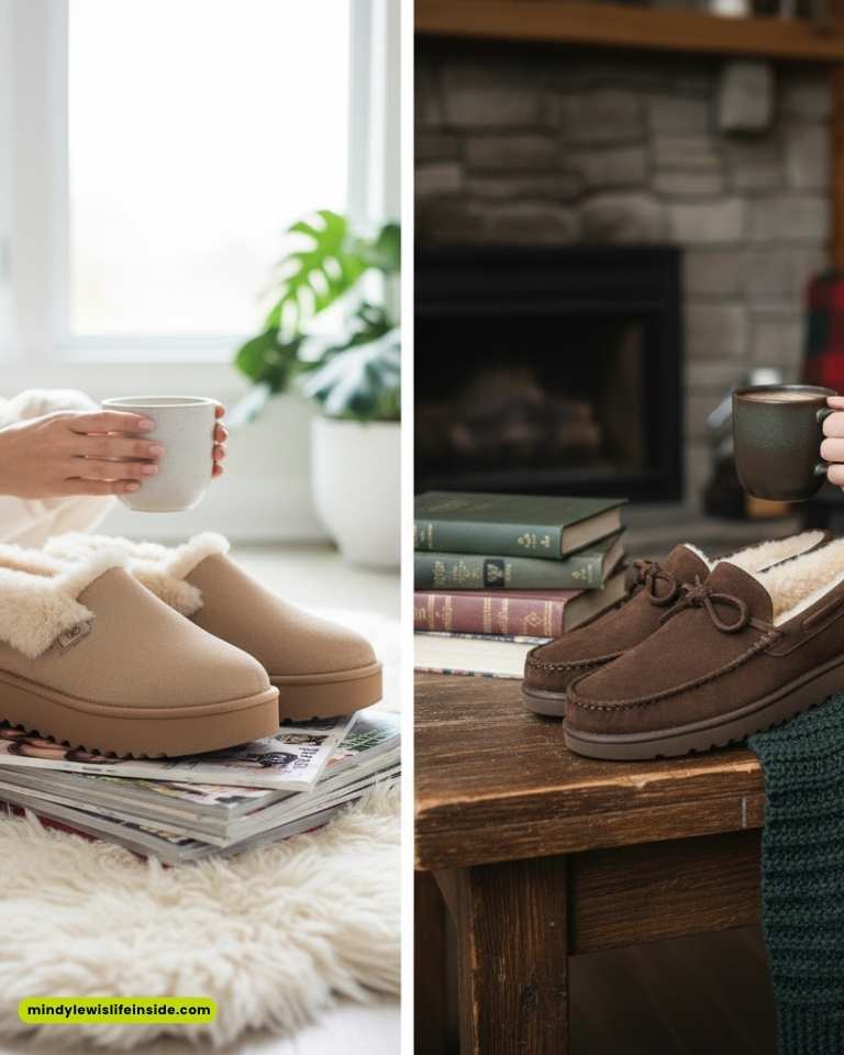 A cozy scene shows two images of slippers. On the left, beige slippers and a mug on a stack of magazines near a window. On the right, brown slippers with a mug, set against a fireplace and books, conveying warmth and comfort.