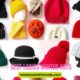 Grid of colorful winter hats featuring various styles and textures, like knitted beanies, pom-pom caps, and a felt cloche. Text reads "Best Ladies Winter Hats."
