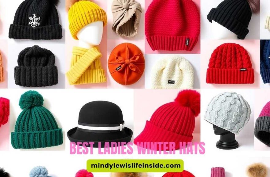 Grid of colorful winter hats featuring various styles and textures, like knitted beanies, pom-pom caps, and a felt cloche. Text reads "Best Ladies Winter Hats."