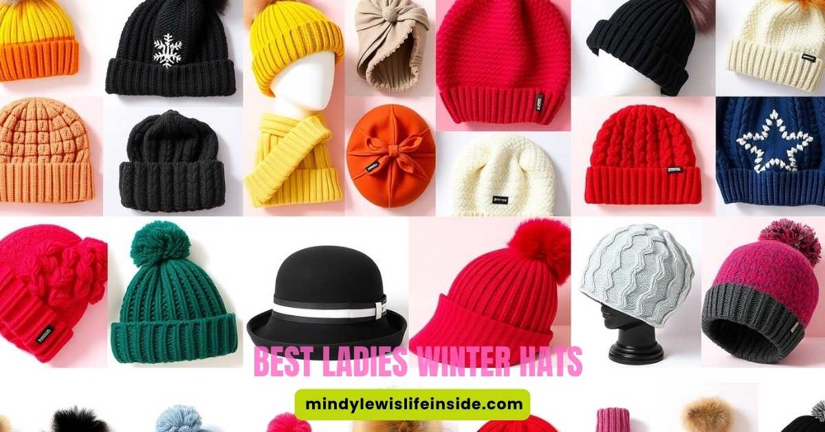 Grid of colorful winter hats featuring various styles and textures, like knitted beanies, pom-pom caps, and a felt cloche. Text reads "Best Ladies Winter Hats."