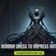 A figure in a dark, intricate, eldritch horror-inspired dress stands in a shadowy cathedral. The gown features glowing red and blue orbs. The atmosphere is eerie and mysterious. Text: "Eldritch Horror Dress to Impress Outfit Ideas."
