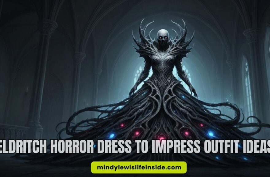 A figure in a dark, intricate, eldritch horror-inspired dress stands in a shadowy cathedral. The gown features glowing red and blue orbs. The atmosphere is eerie and mysterious. Text: "Eldritch Horror Dress to Impress Outfit Ideas."