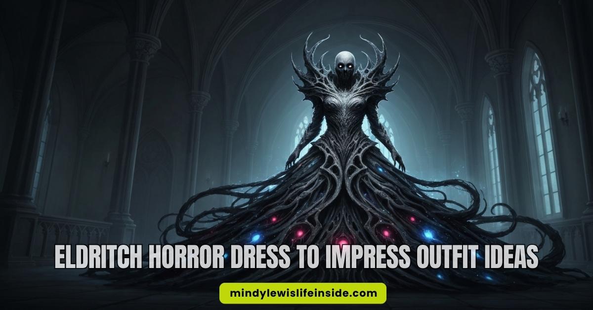 A figure in a dark, intricate, eldritch horror-inspired dress stands in a shadowy cathedral. The gown features glowing red and blue orbs. The atmosphere is eerie and mysterious. Text: "Eldritch Horror Dress to Impress Outfit Ideas."