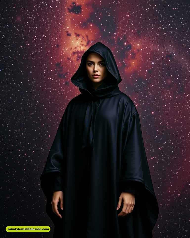 A person in a black hooded cloak stands confidently against a vivid starry background. The cosmic scene adds a mysterious, ethereal feel.