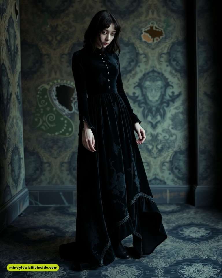 A woman in a long, elegant black dress stands in a dimly lit, ornate room with patterned wallpaper, conveying a mysterious and gothic mood.