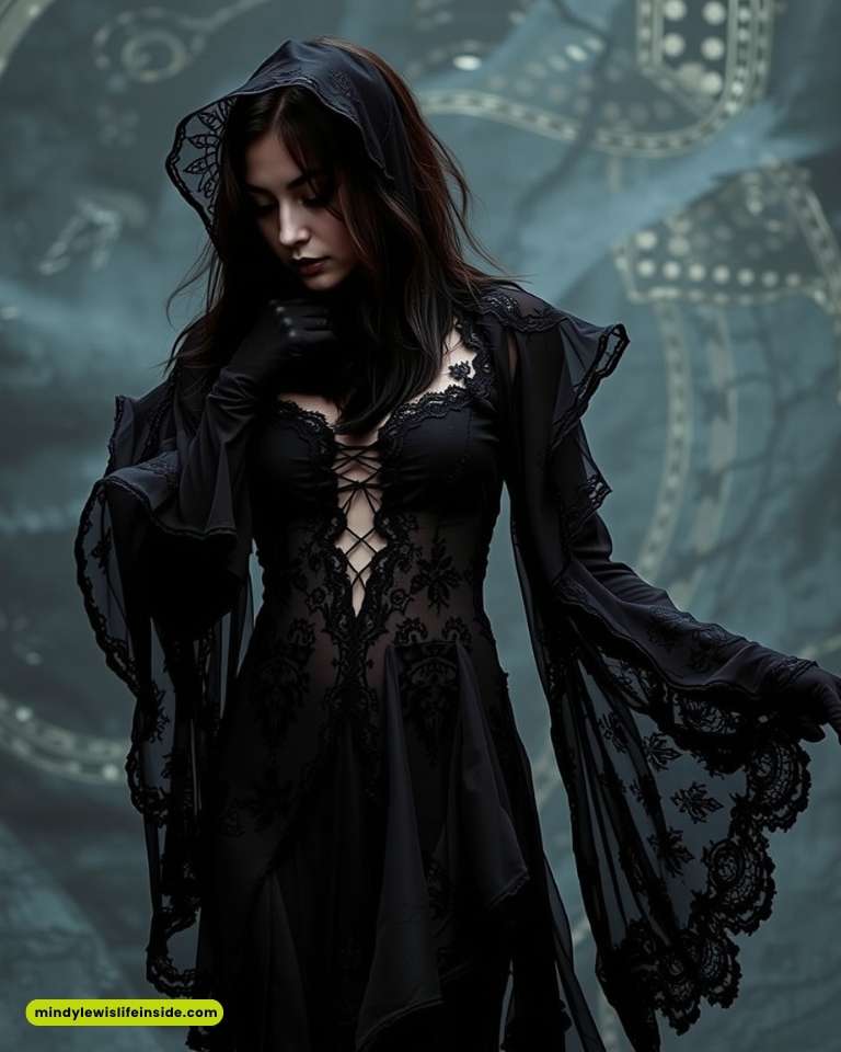 A woman in a flowing, lace-embroidered black dress and gloves stands pensively against a dark, intricate background, exuding a mysterious elegance.