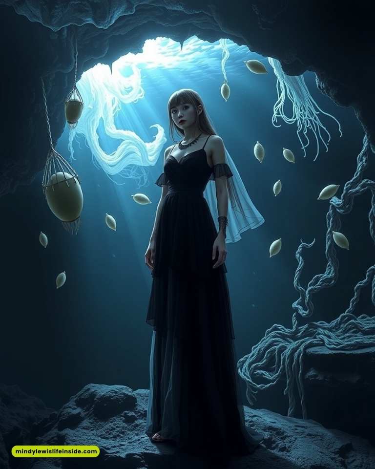 A woman in a flowing black dress stands in an ethereal underwater cave. Light beams shine down, highlighting floating seaweed and suspended objects, creating a mystical ambiance.