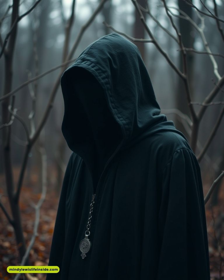 A hooded figure in a dark cloak stands in a misty forest, surrounded by bare trees. The mood is mysterious and eerie, with an overcast, somber atmosphere.
