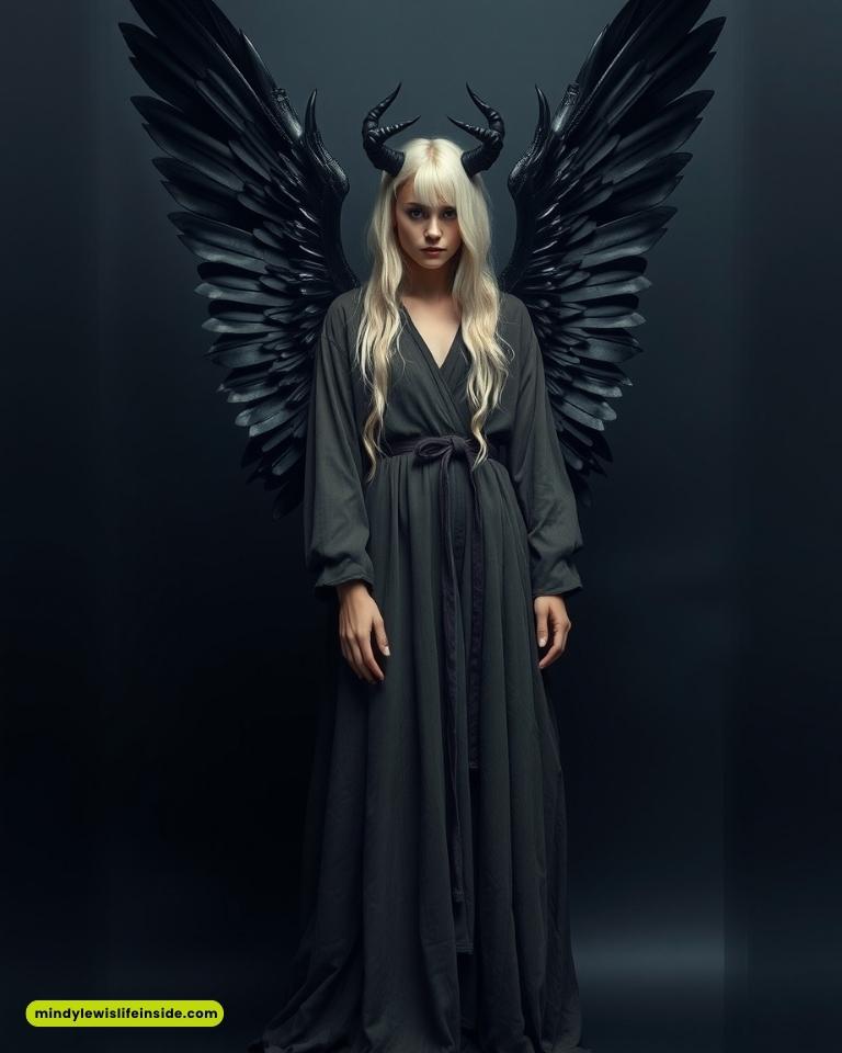 A woman with long blonde hair, dressed in a dark flowing robe, stands with large black wings and horns. The scene conveys a dark, mystical aura.