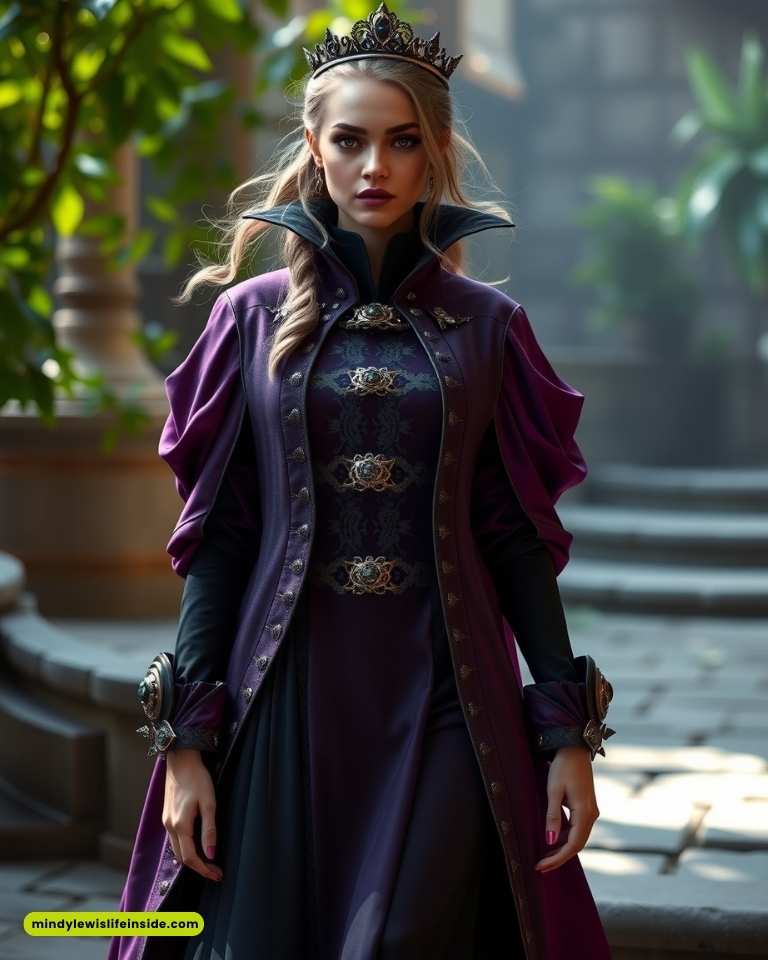A woman in a royal, purple gown with intricate gold embroidery stands confidently. She wears a crown, exuding elegance in a sunlit, garden courtyard.