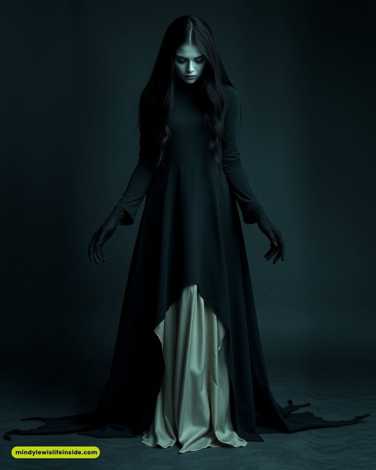 A woman stands in a dark, flowing gown with long sleeves, her expression somber. The fabric cascades elegantly, contrasting with her pale complexion. The image conveys a mysterious, ethereal mood.
