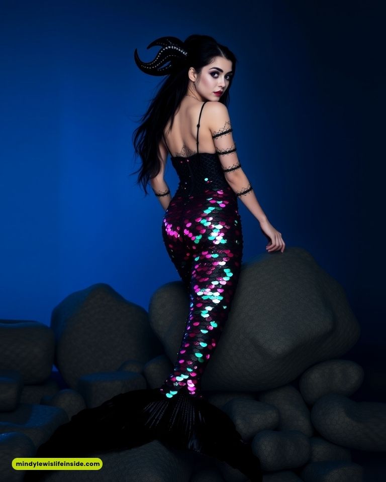A woman with dark hair, dressed as a mermaid, features vibrant pink scales and a glossy black tail. She stands on dark rocks, set against a deep blue background.