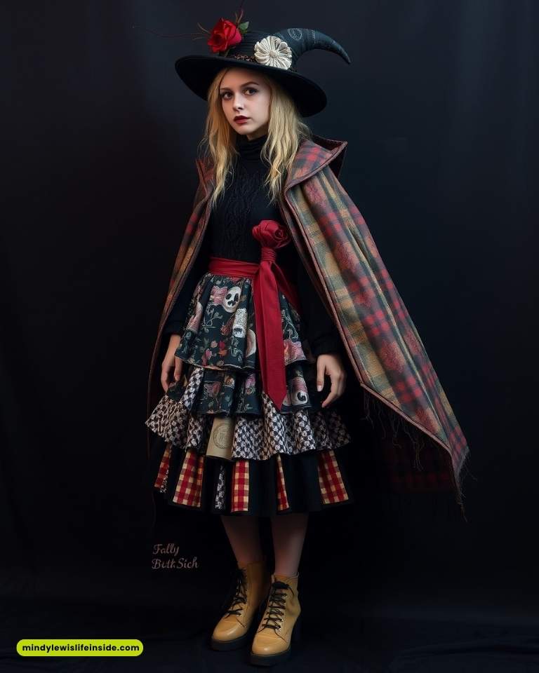 A young girl in a witch costume stands against a dark backdrop. She wears a pointed hat with roses, a plaid cape, and a layered skirt featuring skull patterns, evoking a mystical, Halloween theme.