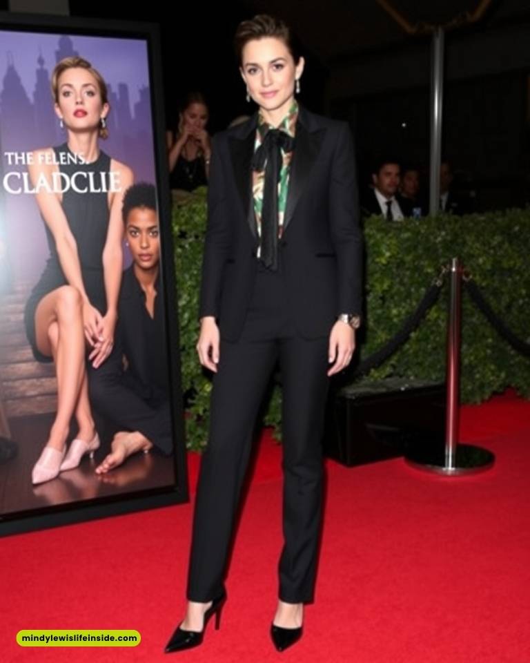A person in a black suit stands confidently on a red carpet beside a movie poster. The event is formal, with an elegant, glamorous atmosphere.