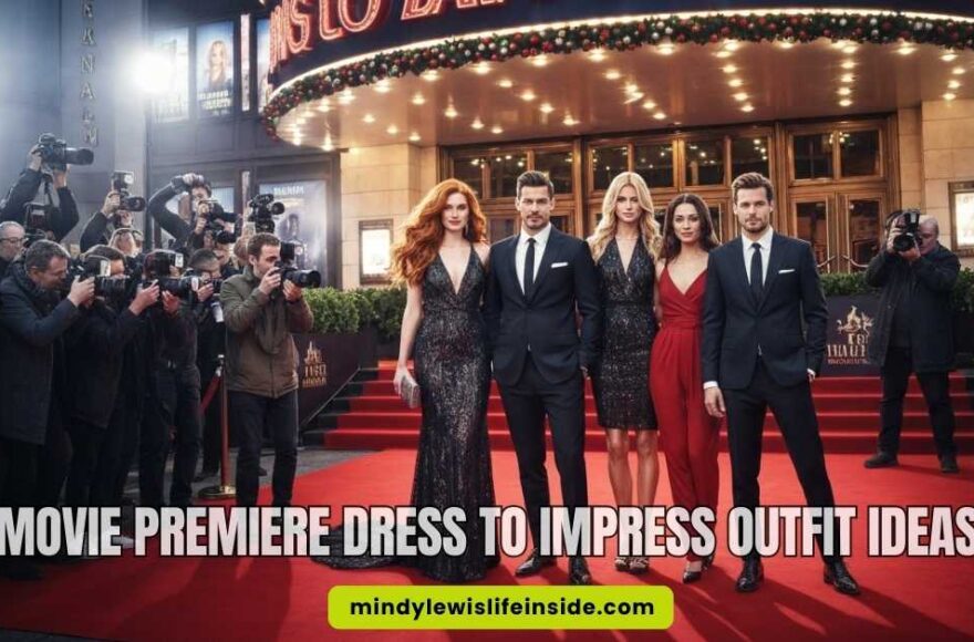 Elegant group in formal attire poses on a red carpet at a movie premiere. Paparazzi capture the moment. Text reads "Movie Premiere Dress to Impress Outfit Ideas."