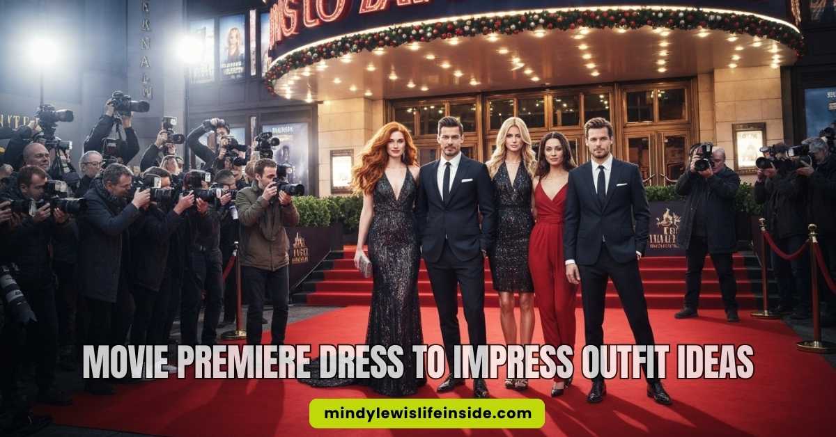 Elegant group in formal attire poses on a red carpet at a movie premiere. Paparazzi capture the moment. Text reads "Movie Premiere Dress to Impress Outfit Ideas."