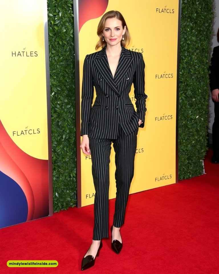Woman in a pinstripe suit poses on a red carpet. The background features a yellow panel with greenery and logos. She looks confident and elegant.