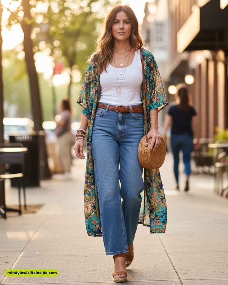 A woman confidently walks down a sunlit street in a floral kimono, white top, jeans, and sandals, holding a straw bag. The scene is calm and stylish.