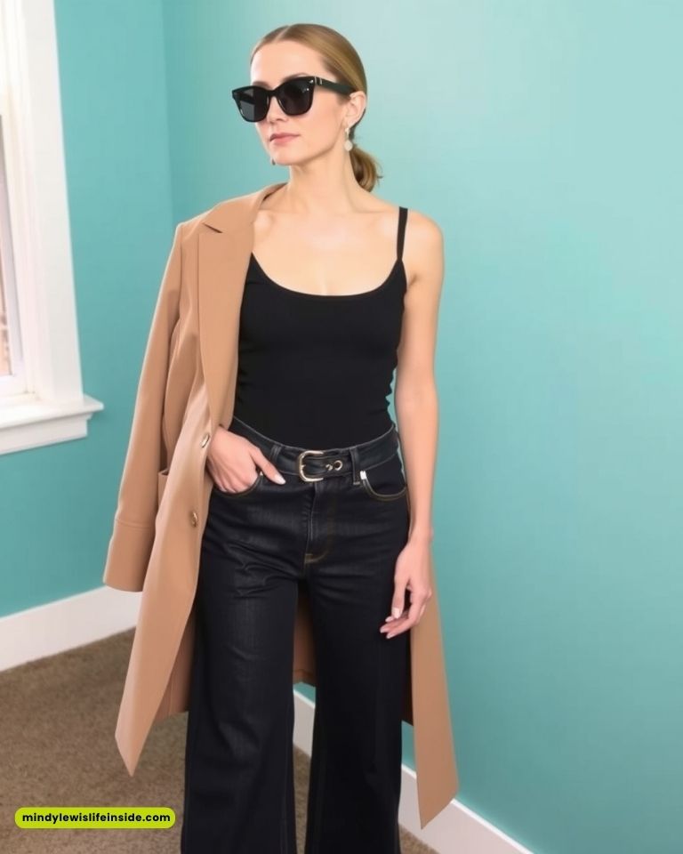 A woman in sunglasses wears a black top, wide-leg jeans, and a tan coat over one shoulder, set against a turquoise wall, exuding a chic, confident vibe.