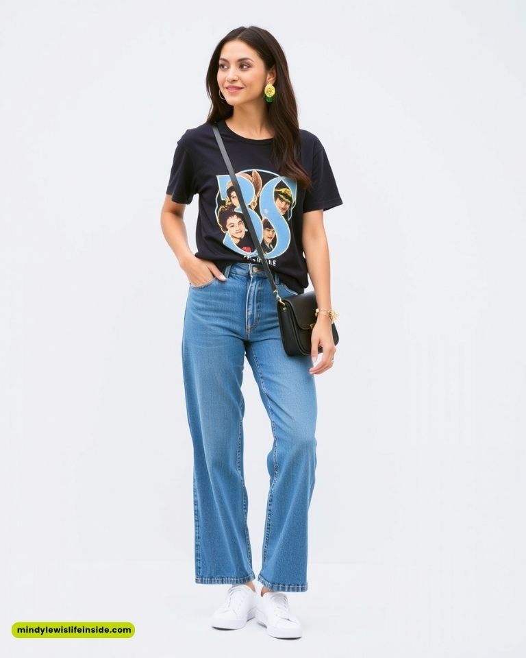 Smiling woman in a graphic t-shirt, blue jeans, and white sneakers. She has a black crossbody bag and wears bold green earrings, exuding a casual, trendy vibe.