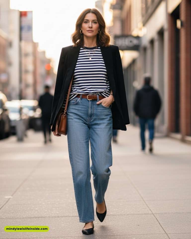 A woman walks confidently down a city sidewalk wearing a striped shirt, black blazer, blue jeans, and black heels, with a brown bag on her shoulder.