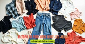 A pair of wide-leg jeans is surrounded by 15 diverse tops in various colors and styles. Text overlay reads, "15 Tops to Pair with Wide-Leg Jeans."