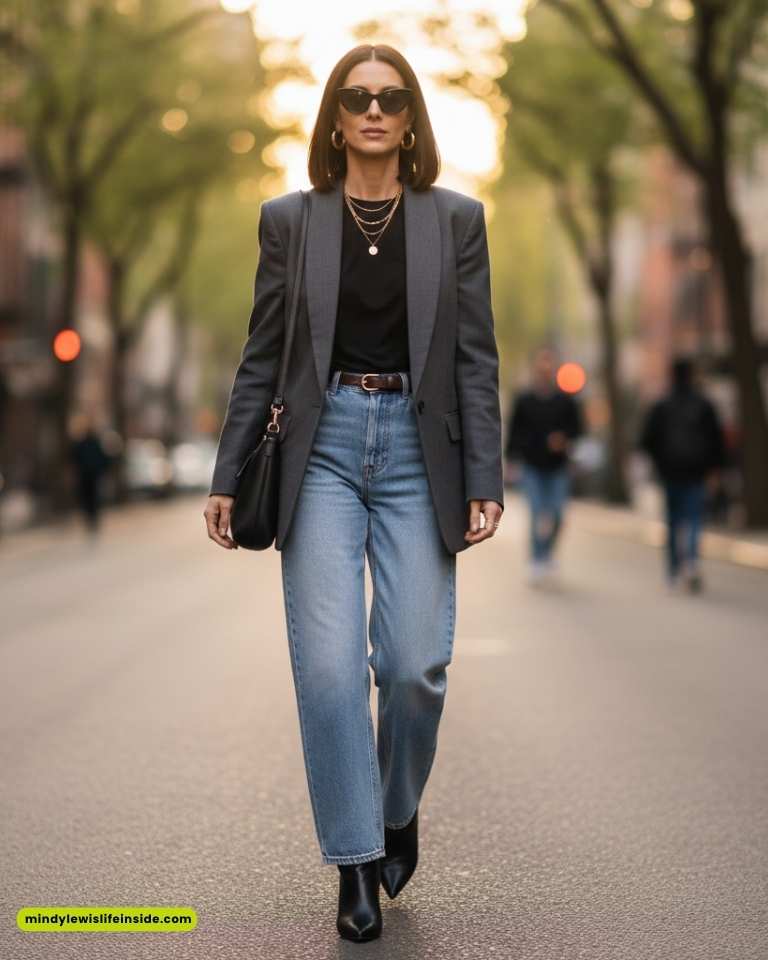 A woman in sunglasses walks confidently down a sunlit street, wearing a blazer, black top, and jeans. The scene feels stylish and urban.