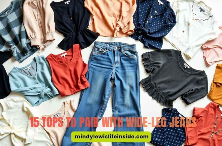 A pair of wide-leg jeans is surrounded by 15 diverse tops in various colors and styles. Text overlay reads, "15 Tops to Pair with Wide-Leg Jeans."