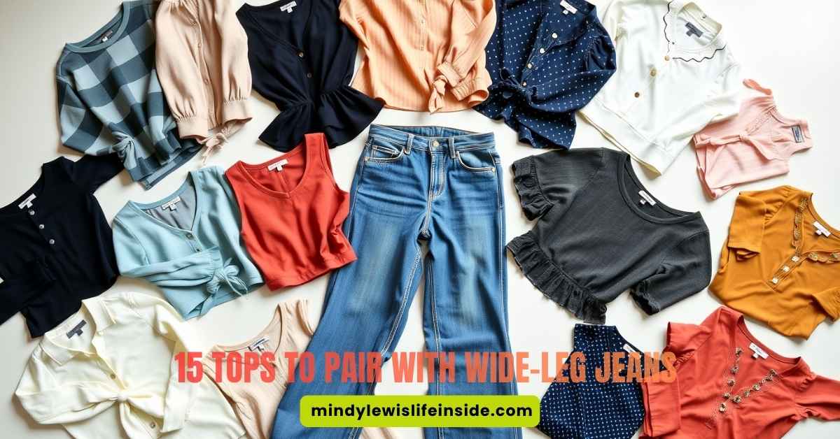 A pair of wide-leg jeans is surrounded by 15 diverse tops in various colors and styles. Text overlay reads, "15 Tops to Pair with Wide-Leg Jeans."