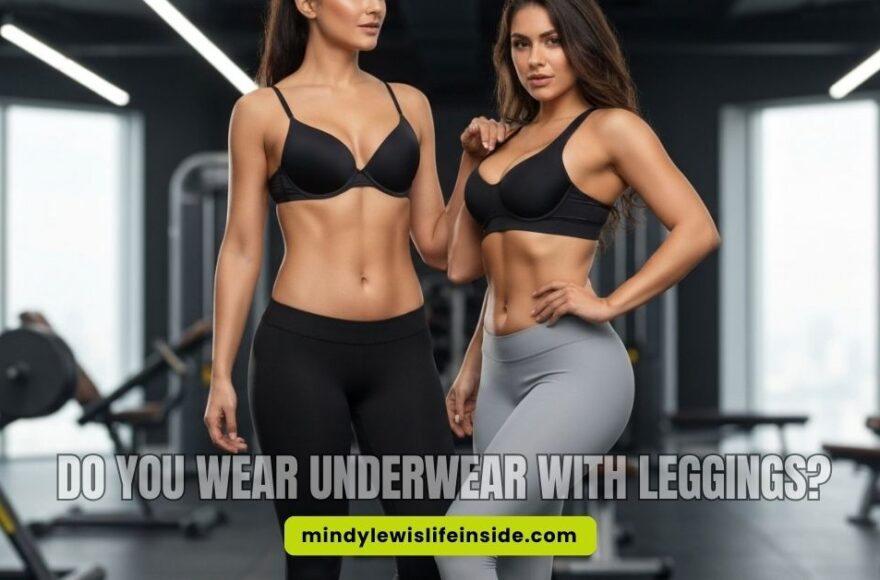 Two women in a gym wearing sports bras and leggings, standing confidently. Text overlay asks, "Do you wear underwear with leggings?" The mood is empowering.