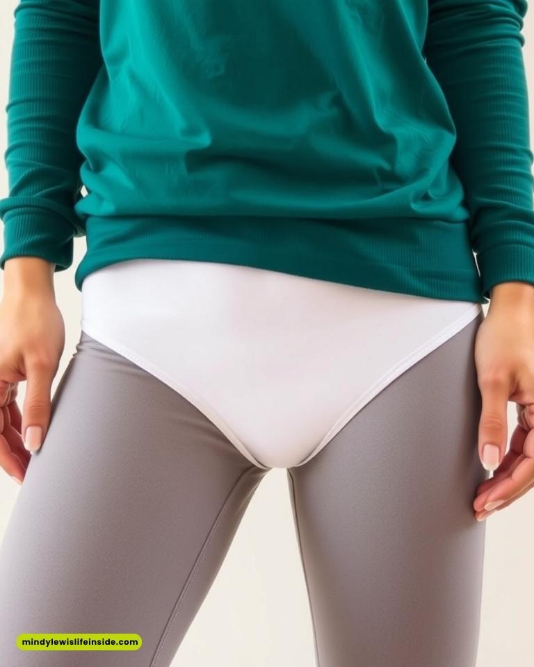 A person wearing a teal sweater and gray leggings with visible white clothing underneath. Hands relaxed by their sides, conveying casual comfort.