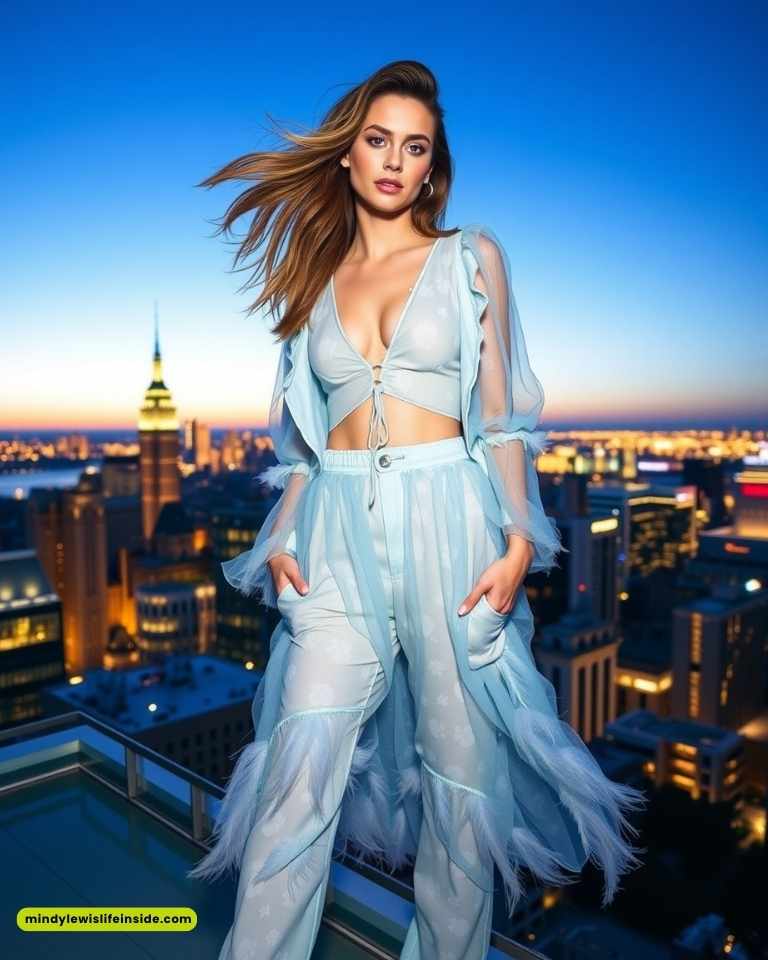 Woman in flowing blue outfit stands confidently on a rooftop at dusk, city skyline with glowing lights in the background, creating a serene ambiance.