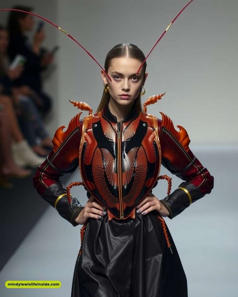 Model on runway in futuristic, insect-inspired outfit with red, metallic exoskeleton and antennae. Bold, striking design evokes strength and innovation.