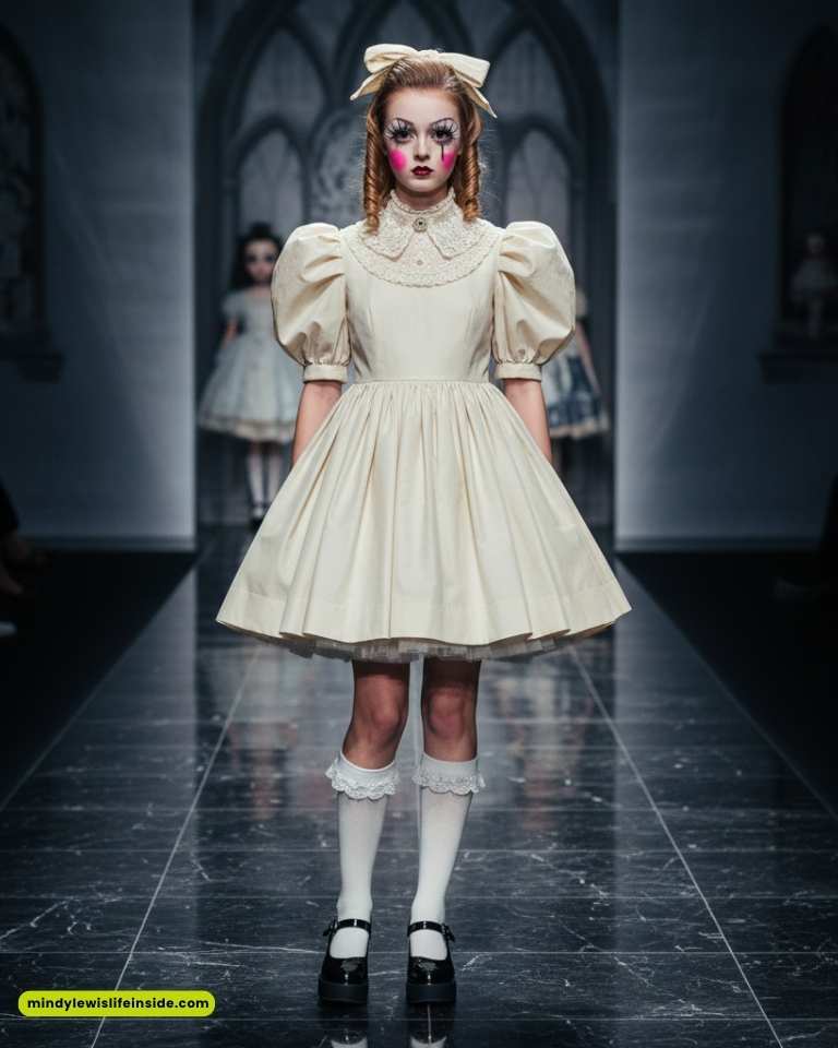 A model in a vintage-inspired ivory dress with puffed sleeves and lace collar walks the runway. Her dramatic makeup and braided hair evoke a doll-like appearance, under dim lighting, creating an eerie, theatrical mood.
