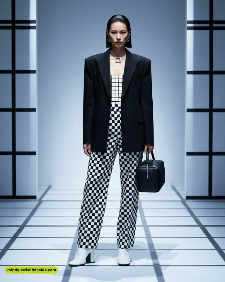 A model stands confidently in a sleek, monochrome setting. She wears a black blazer, checkered pants, and white boots, holding a black handbag.