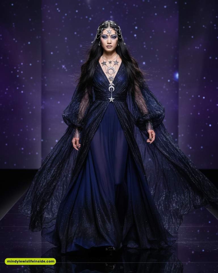 A model walks down a starry runway wearing a navy gown with sheer, flowing sleeves and celestial headpiece, conveying a mystical, ethereal vibe.