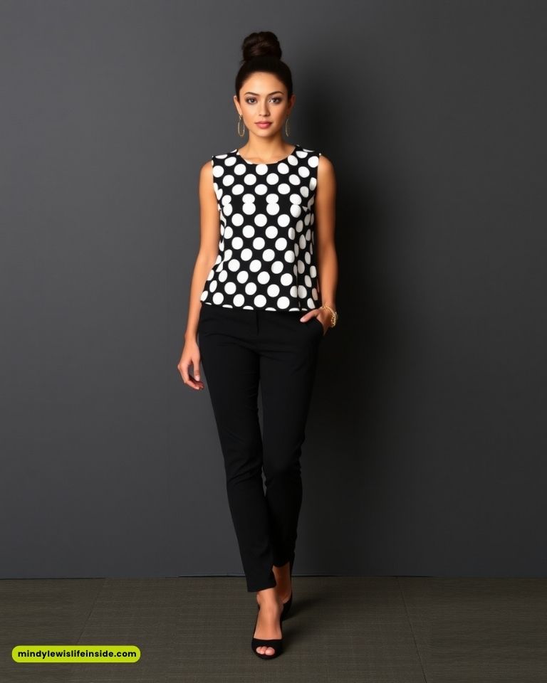 A woman in a black and white polka dot top and black pants stands confidently against a dark gray background, exuding a stylish and poised demeanor.