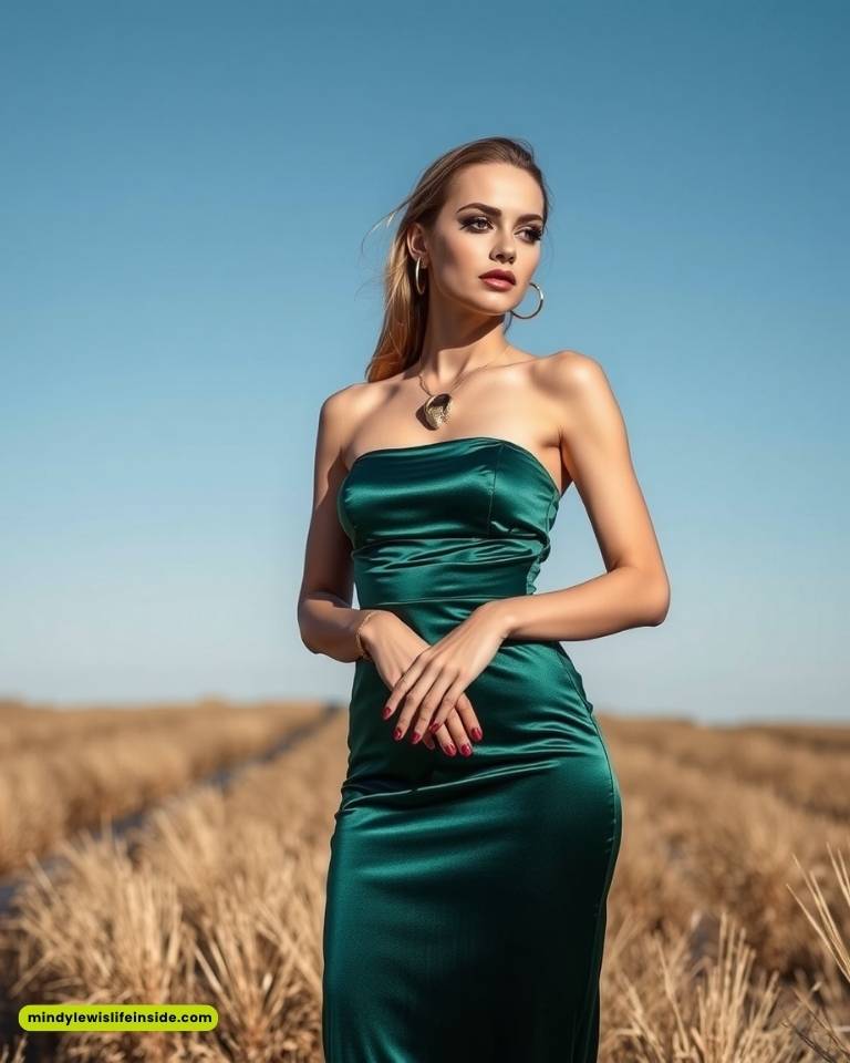 A woman in a strapless emerald green dress stands confidently in a wheat field under a clear blue sky. Her expression is serene, with a gentle breeze.