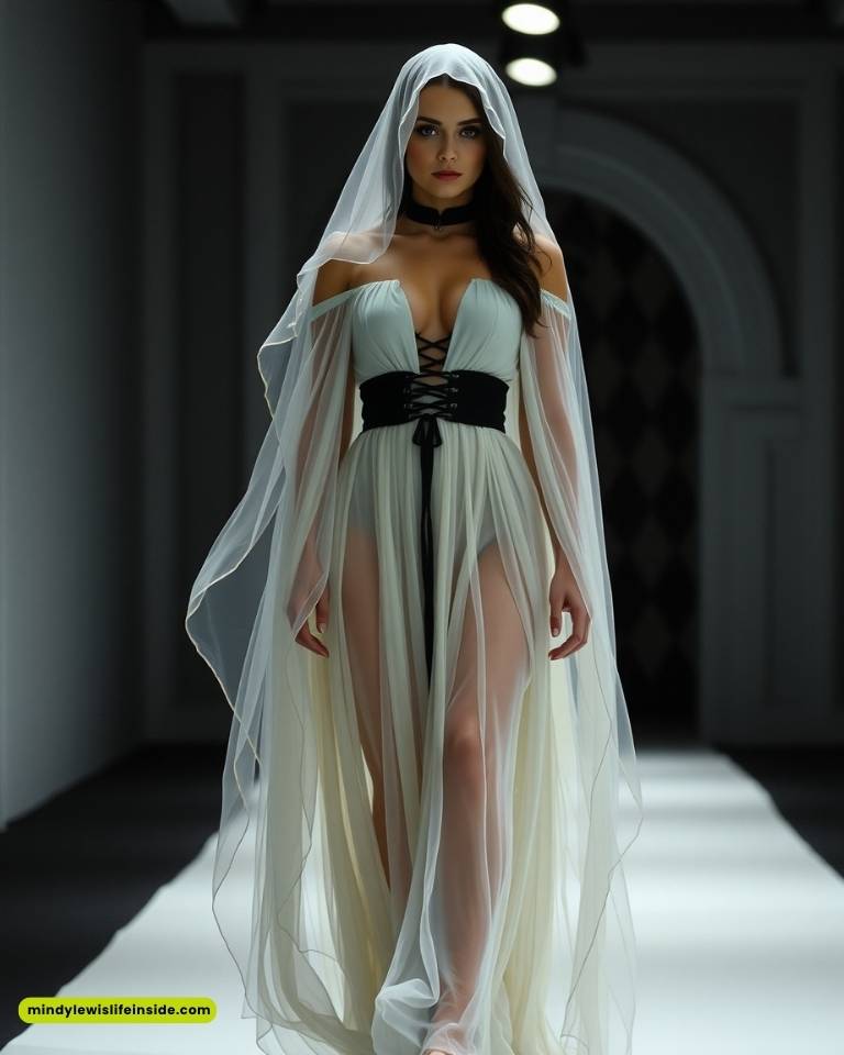 A model in a sheer, flowing white dress with a black belt walks confidently on a runway. The dress has a hood and lace-up front detailing.